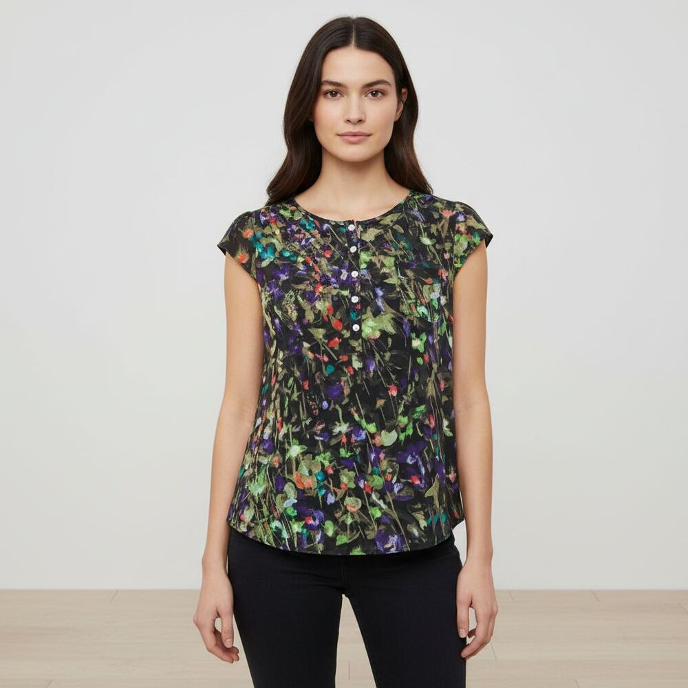 J.Crew Women M Abstract Floral Flutter Sleeve Button Front Blouse Scoop Neck